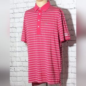 RLX Ralph Lauren Golf Polo Shirt Men's L Red‎ & White Stripped Polo With Logo
